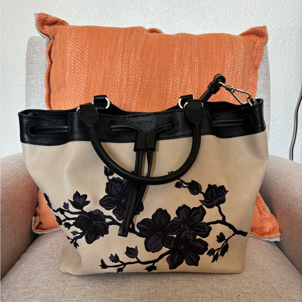Floral Embroidered Beige and Black Tote Bag